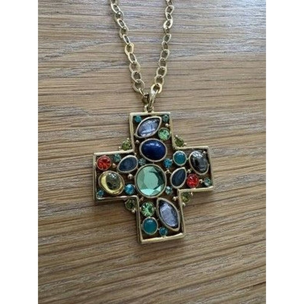 Vintage Gold-tone Cross Pendant Necklace Colorful Faux Gemstones Dillards